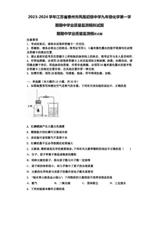 2023-2024学年江苏省泰州市凤凰初级中学九年级化学第一学期期中学业质量监测模拟试题含解析.doc
