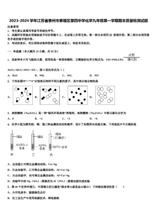 2023-2024学年江苏省泰州市姜堰区第四中学化学九年级第一学期期末质量检测试题含解析.doc