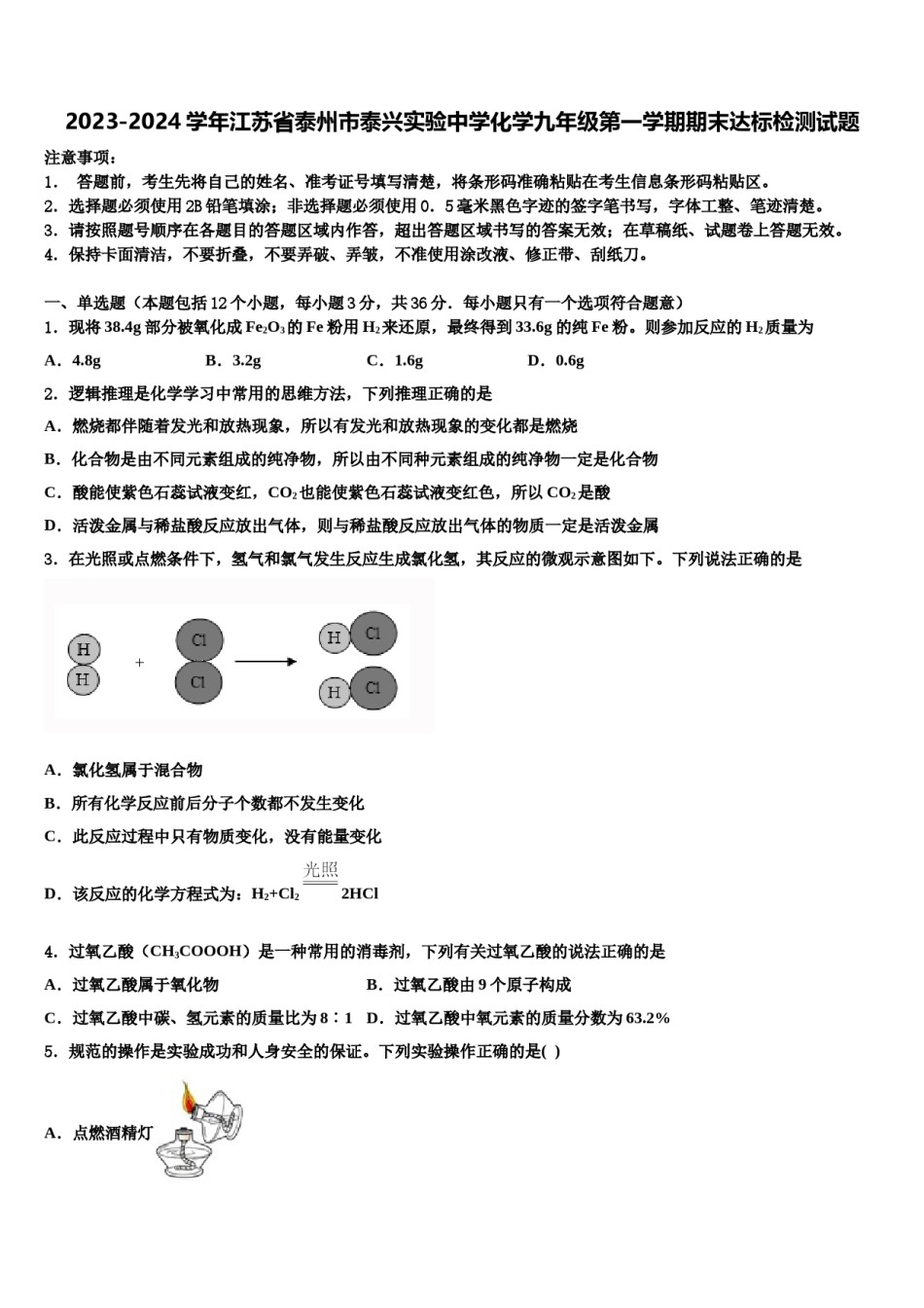 2023-2024学年江苏省泰州市泰兴实验中学化学九年级第一学期期末达标检测试题含解析.doc_第1页