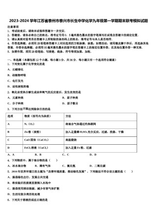 2023-2024学年江苏省泰州市泰兴市长生中学化学九年级第一学期期末联考模拟试题含解析.doc