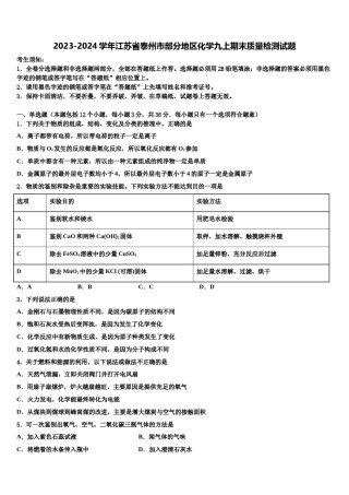 2023-2024学年江苏省泰州市部分地区化学九上期末质量检测试题含解析.doc