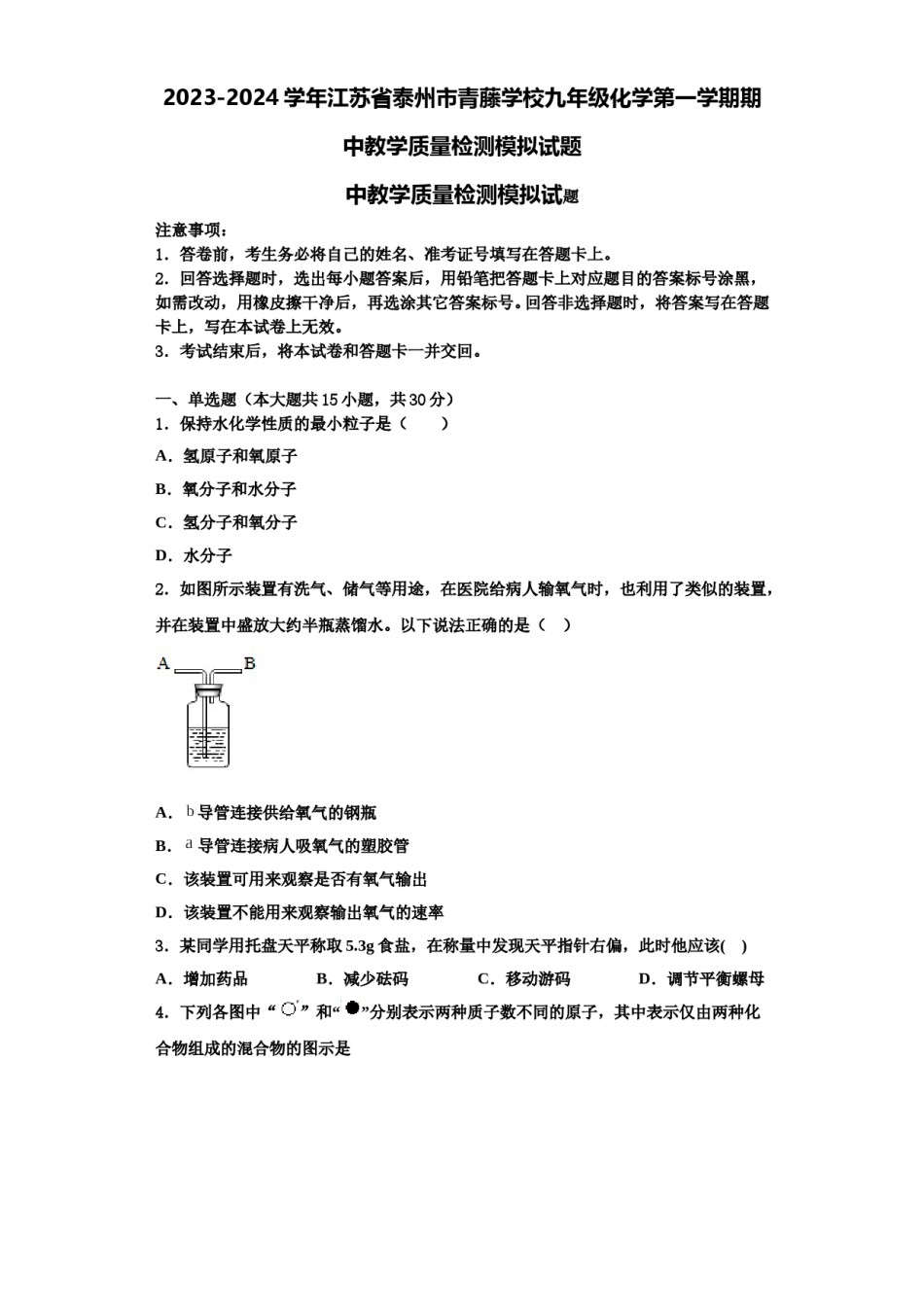 2023-2024学年江苏省泰州市青藤学校九年级化学第一学期期中教学质量检测模拟试题含解析.doc_第1页
