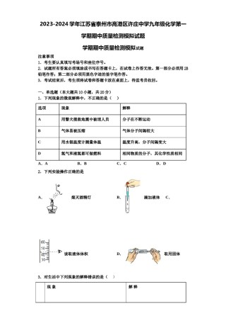 2023-2024学年江苏省泰州市高港区许庄中学九年级化学第一学期期中质量检测模拟试题含解析.doc