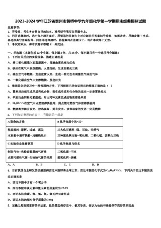 2023-2024学年江苏省泰州市黄桥中学九年级化学第一学期期末经典模拟试题含解析.doc