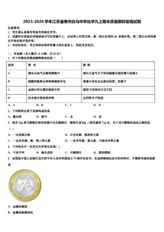 2023-2024学年江苏省泰州白马中学化学九上期末质量跟踪监视试题含解析.doc