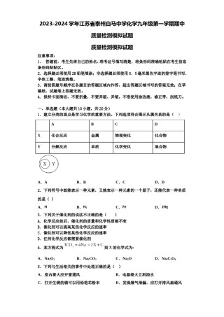 2023-2024学年江苏省泰州白马中学化学九年级第一学期期中质量检测模拟试题含解析.doc