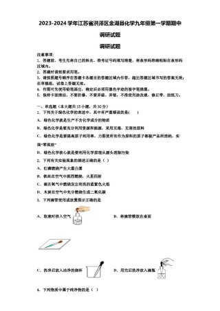 2023-2024学年江苏省洪泽区金湖县化学九年级第一学期期中调研试题含解析.doc