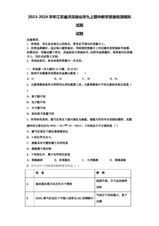 2023-2024学年江苏省洪泽县化学九上期中教学质量检测模拟试题含解析.doc