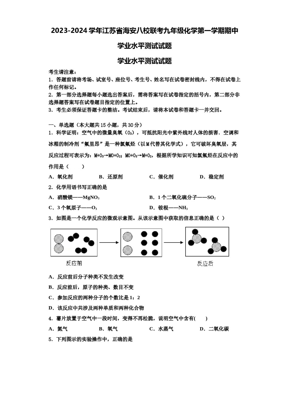 2023-2024学年江苏省海安八校联考九年级化学第一学期期中学业水平测试试题含解析.doc_第1页