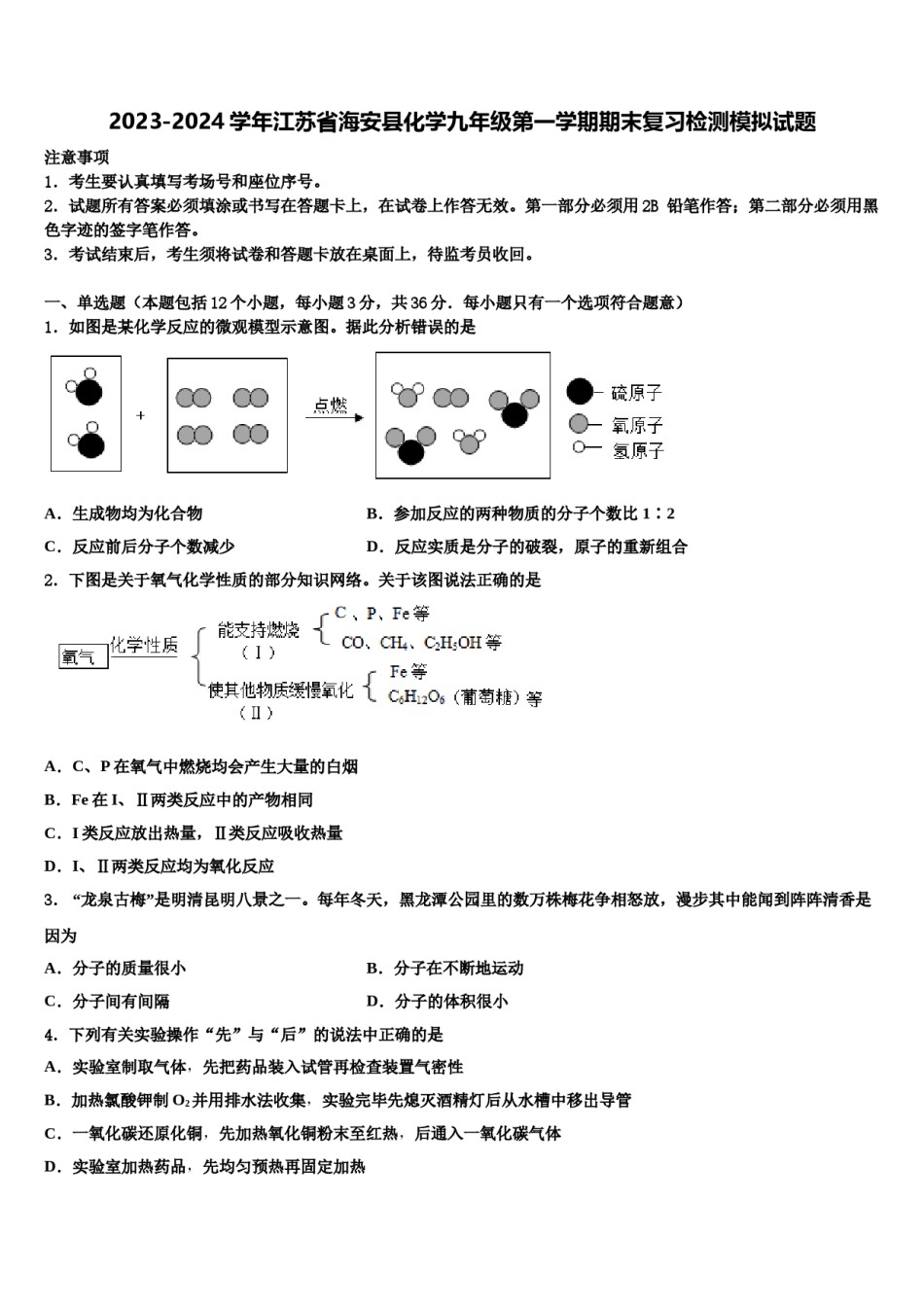2023-2024学年江苏省海安县化学九年级第一学期期末复习检测模拟试题含解析.doc_第1页