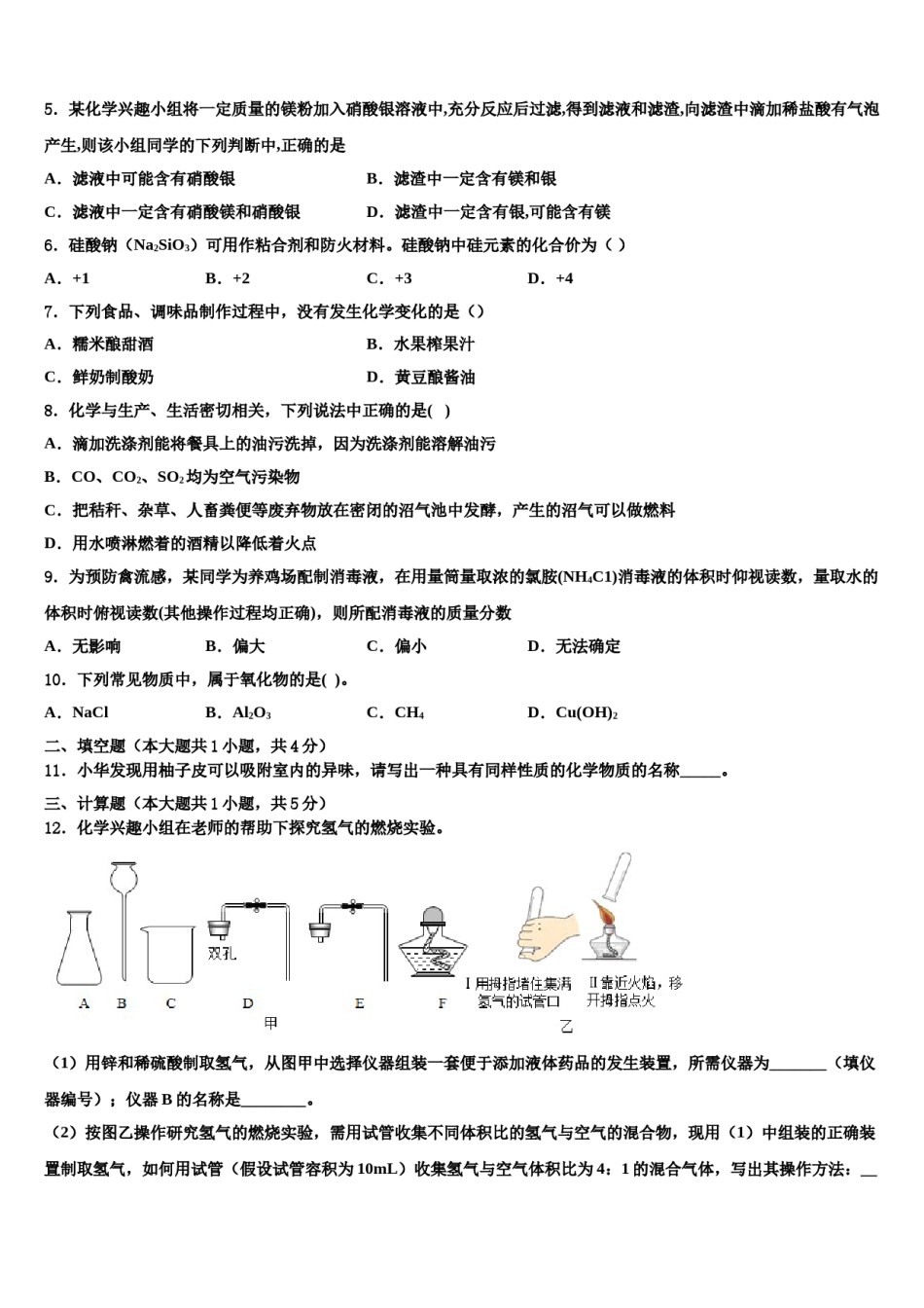 2023-2024学年江苏省淮安市淮阴区淮阴师院附属中学化学九年级第一学期期末复习检测试题含解析.doc_第2页