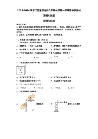 2023-2024学年江苏省滨海县九年级化学第一学期期中质量检测模拟试题含解析.doc