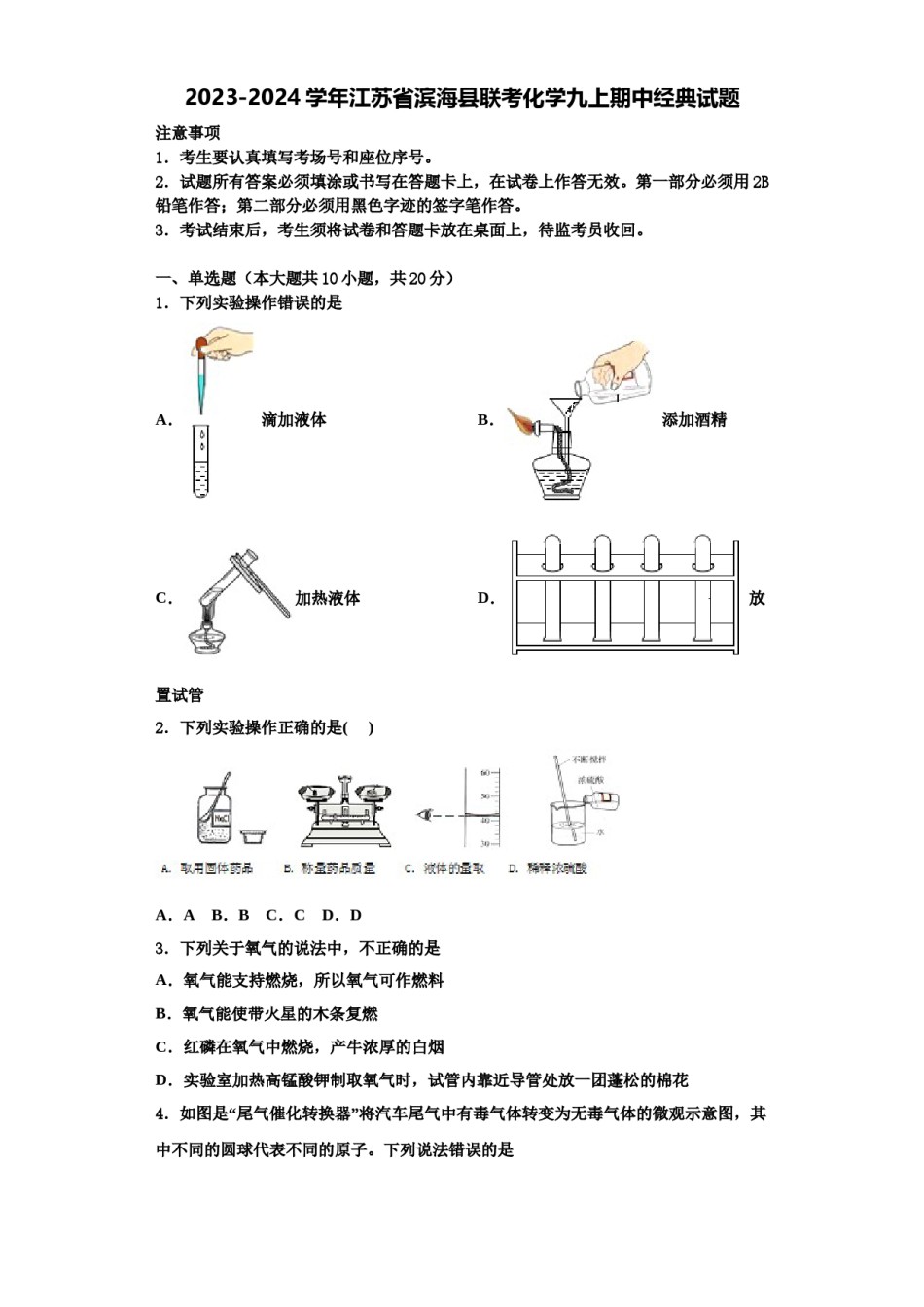2023-2024学年江苏省滨海县联考化学九上期中经典试题含解析.doc_第1页
