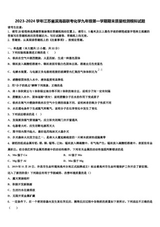 2023-2024学年江苏省滨海县联考化学九年级第一学期期末质量检测模拟试题含解析.doc