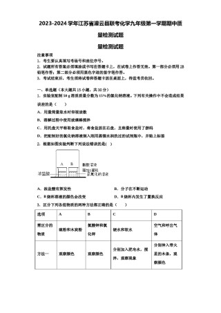 2023-2024学年江苏省灌云县联考化学九年级第一学期期中质量检测试题含解析.doc