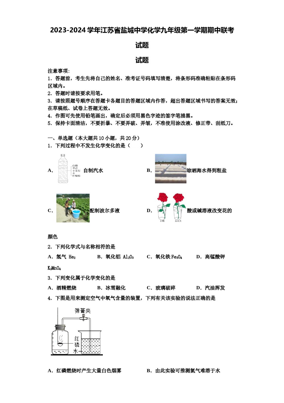 2023-2024学年江苏省盐城中学化学九年级第一学期期中联考试题含解析.doc_第1页