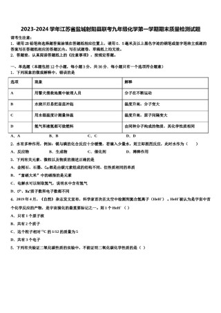 2023-2024学年江苏省盐城射阳县联考九年级化学第一学期期末质量检测试题含解析.doc
