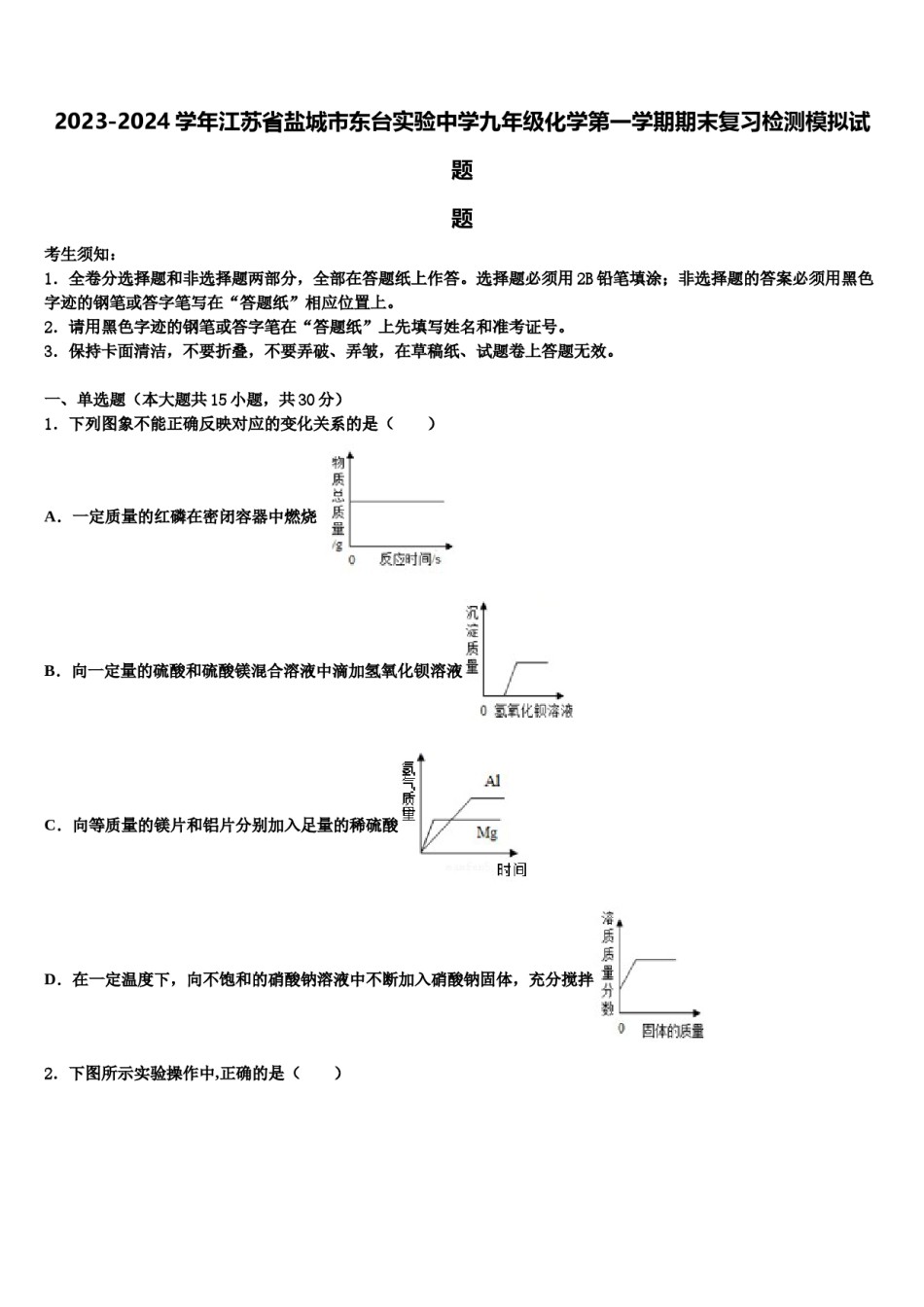 2023-2024学年江苏省盐城市东台实验中学九年级化学第一学期期末复习检测模拟试题含解析.doc_第1页