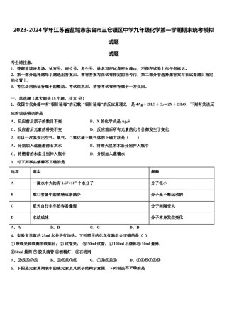 2023-2024学年江苏省盐城市东台市三仓镇区中学九年级化学第一学期期末统考模拟试题含解析.doc