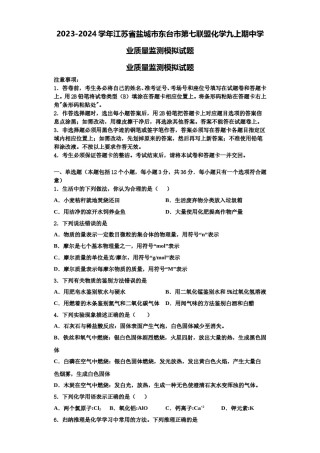 2023-2024学年江苏省盐城市东台市第七联盟化学九上期中学业质量监测模拟试题含解析.doc