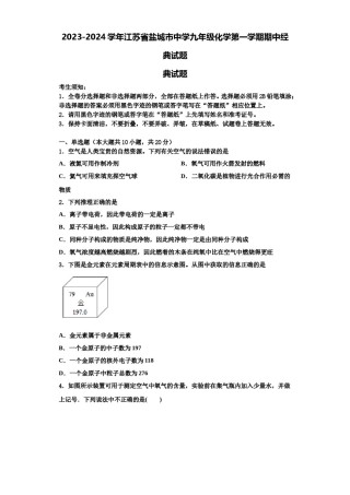 2023-2024学年江苏省盐城市中学九年级化学第一学期期中经典试题含解析.doc