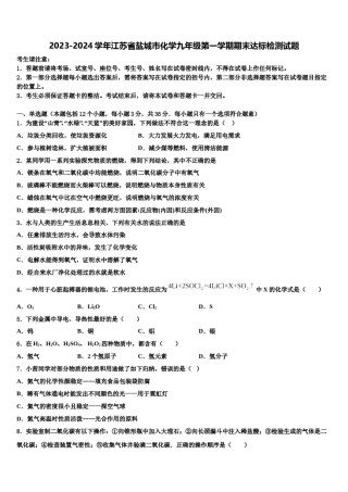 2023-2024学年江苏省盐城市化学九年级第一学期期末达标检测试题含解析.doc