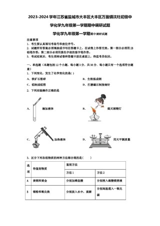 2023-2024学年江苏省盐城市大丰区大丰区万盈镇沈灶初级中学化学九年级第一学期期中调研试题含解析.doc