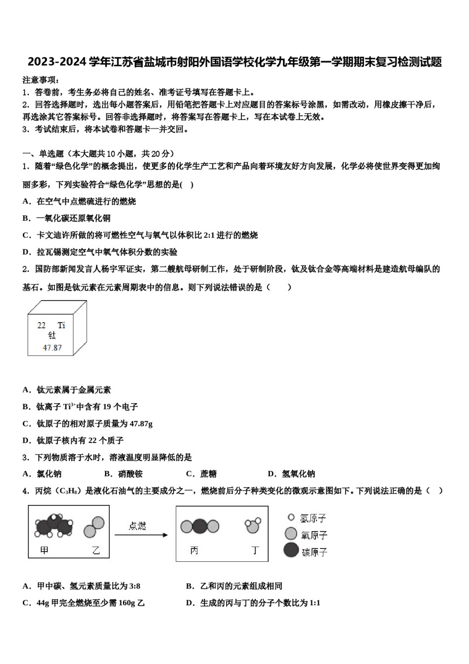2023-2024学年江苏省盐城市射阳外国语学校化学九年级第一学期期末复习检测试题含解析.doc_第1页