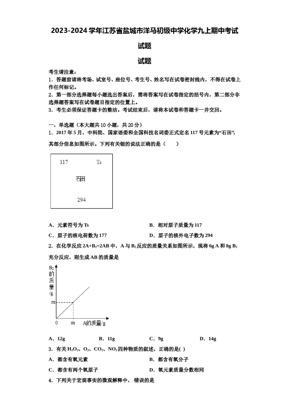 2023-2024学年江苏省盐城市洋马初级中学化学九上期中考试试题含解析.doc_第1页