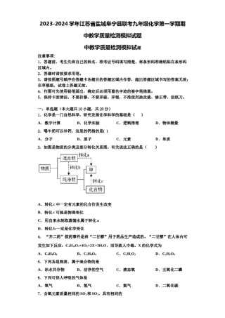 2023-2024学年江苏省盐城阜宁县联考九年级化学第一学期期中教学质量检测模拟试题含解析.doc