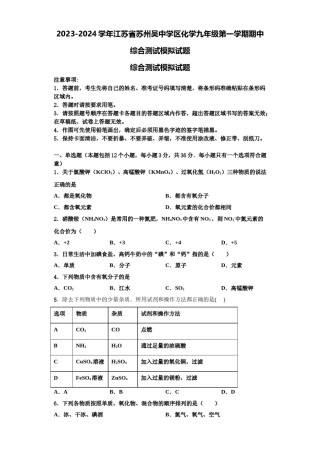 2023-2024学年江苏省苏州吴中学区化学九年级第一学期期中综合测试模拟试题含解析.doc