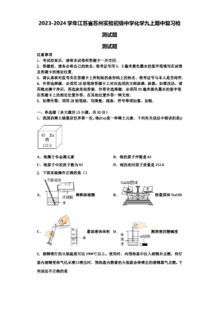 2023-2024学年江苏省苏州实验初级中学化学九上期中复习检测试题含解析.doc