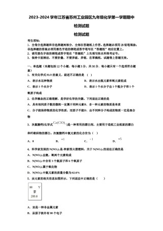 2023-2024学年江苏省苏州工业园区九年级化学第一学期期中检测试题含解析.doc