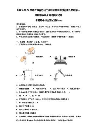 2023-2024学年江苏省苏州工业园区星澄学校化学九年级第一学期期中综合测试模拟试题含解析.doc