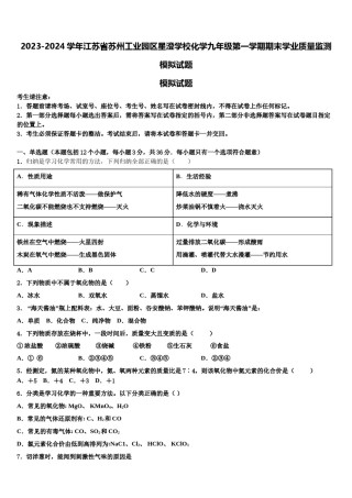 2023-2024学年江苏省苏州工业园区星澄学校化学九年级第一学期期末学业质量监测模拟试题含解析.doc