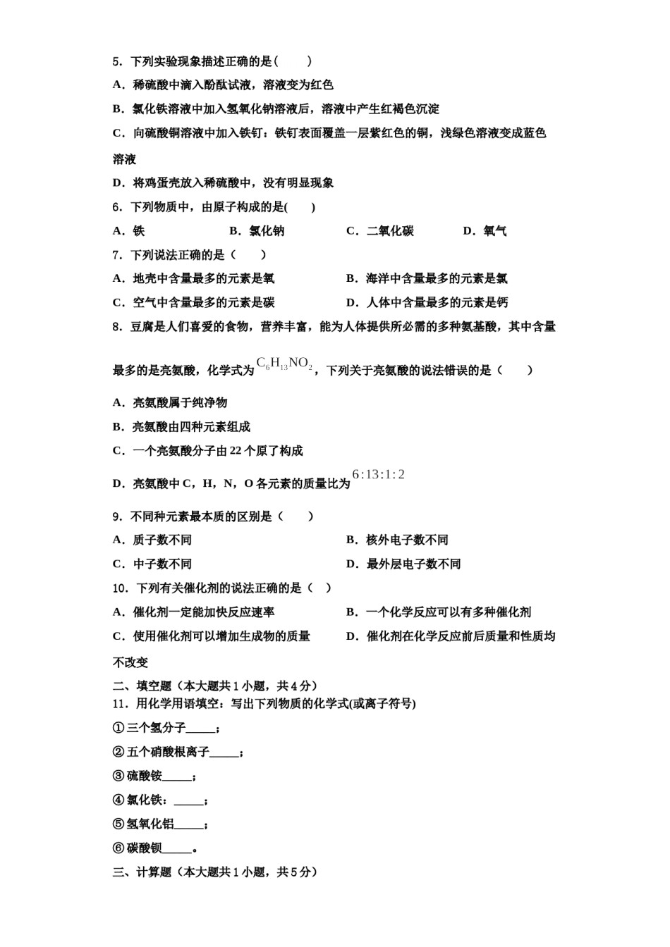 2023-2024学年江苏省苏州工业园区青剑湖学校化学九年级第一学期期中联考试题含解析.doc_第2页