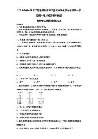 2023-2024学年江苏省苏州市吴江青云中学化学九年级第一学期期中达标检测模拟试题含解析.doc