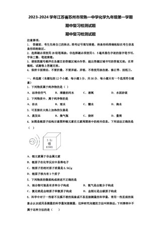 2023-2024学年江苏省苏州市常熟一中学化学九年级第一学期期中复习检测试题含解析.doc