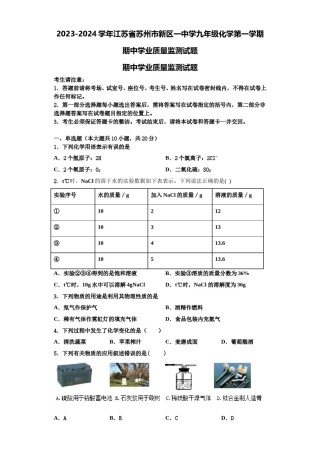 2023-2024学年江苏省苏州市新区一中学九年级化学第一学期期中学业质量监测试题含解析.doc