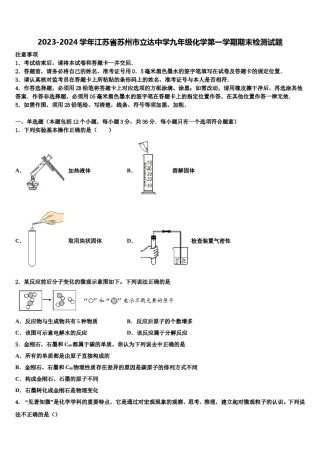 2023-2024学年江苏省苏州市立达中学九年级化学第一学期期末检测试题含解析.doc