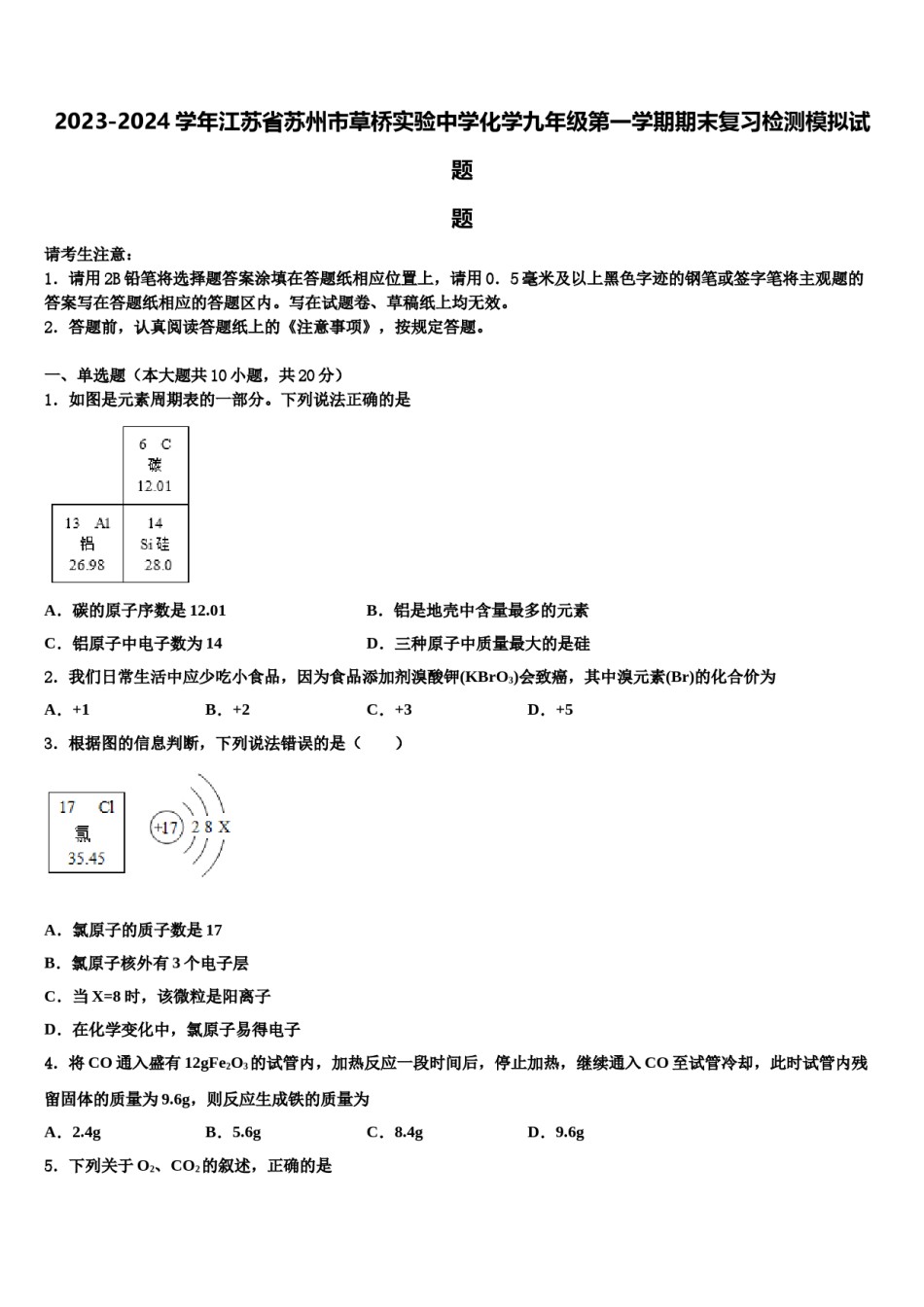 2023-2024学年江苏省苏州市草桥实验中学化学九年级第一学期期末复习检测模拟试题含解析.doc_第1页