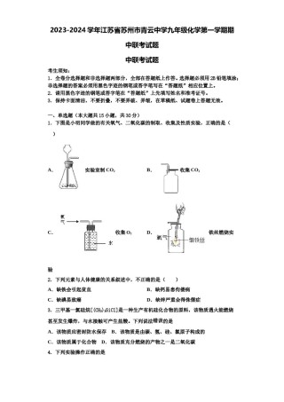 2023-2024学年江苏省苏州市青云中学九年级化学第一学期期中联考试题含解析.doc