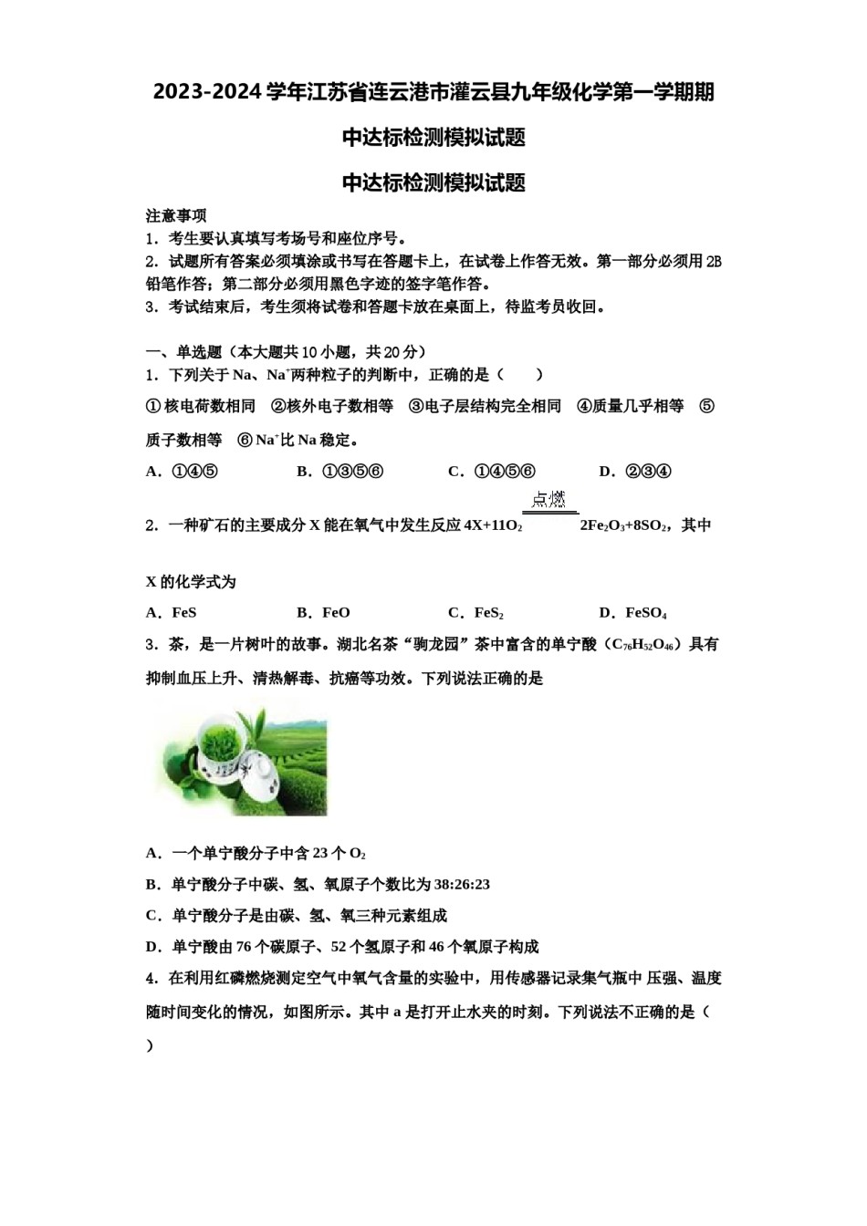 2023-2024学年江苏省连云港市灌云县九年级化学第一学期期中达标检测模拟试题含解析.doc_第1页