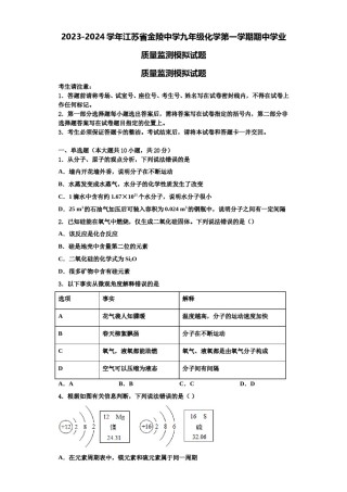 2023-2024学年江苏省金陵中学九年级化学第一学期期中学业质量监测模拟试题含解析.doc