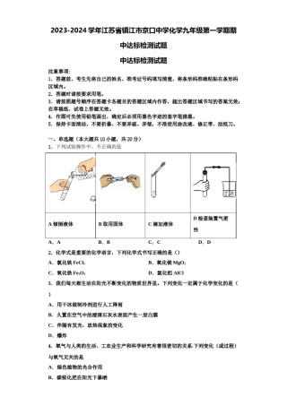 2023-2024学年江苏省镇江市京口中学化学九年级第一学期期中达标检测试题含解析.doc