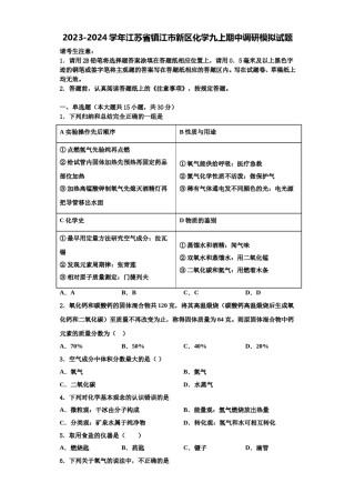 2023-2024学年江苏省镇江市新区化学九上期中调研模拟试题含解析.doc