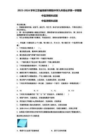2023-2024学年江苏省高邮市朝阳中学九年级化学第一学期期中监测模拟试题含解析.doc