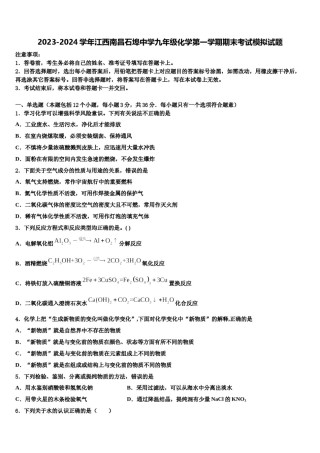 2023-2024学年江西南昌石埠中学九年级化学第一学期期末考试模拟试题含解析.doc