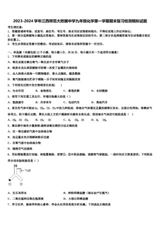 2023-2024学年江西师范大附属中学九年级化学第一学期期末复习检测模拟试题含解析.doc