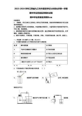 2023-2024学年江西省九江市外国语学校九年级化学第一学期期中学业质量监测模拟试题含解析.doc